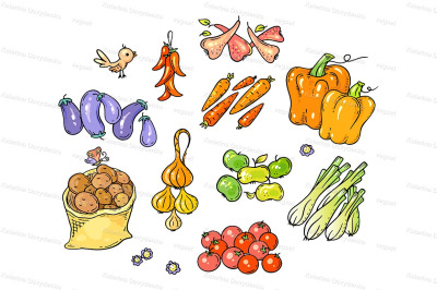 Set of cartoon fruits and vegetable