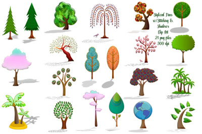 Stylized Trees with Stitching and Shadows Clip Art