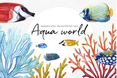 Watercolor fish illustrations. Fish &amp; Coral. Aqua world.