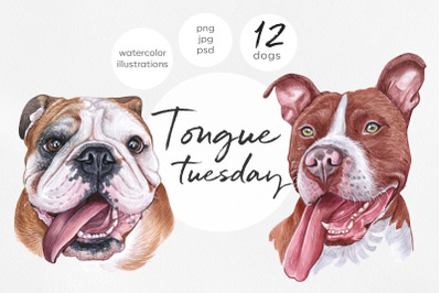 Tongue. Watercolor dog illustrations. Cute and funny 12 dogs