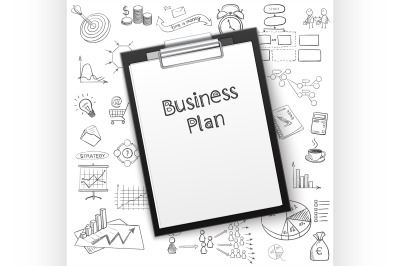 business plan on tablet with paper and hand draw icon