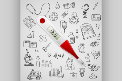 electronic thermometer and hand draw medicine icon