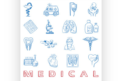 hand draw doodle. Health care and medicine icon set