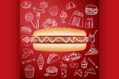 hot dog and hand draw fast food icon