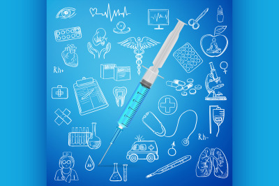 syringe and hand draw medicine icon