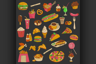 Colored hand drawn fast food icon set