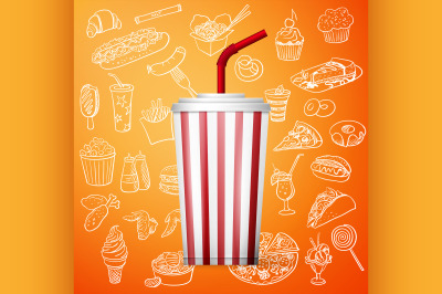 soda fountain drink and hand draw fast food icon