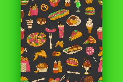 Colored hand drawn fast food pattern