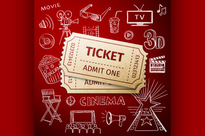 two tickets and hand draw cinema icon