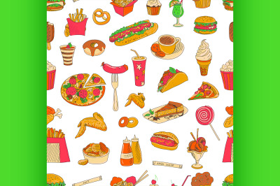 Colored hand drawn fast food pattern