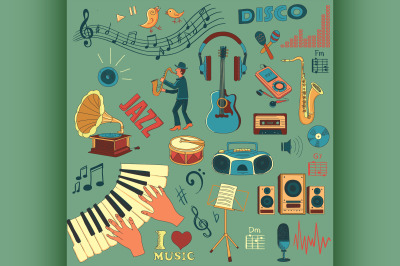 Colored hand draw music icon set