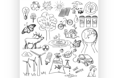 Ecology and recycle doodle icons set