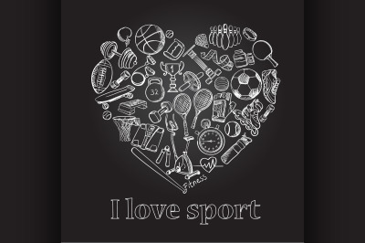 I love sport, hand drawn doodle set