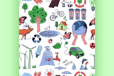 Colored Ecology and recycle doodle pattern