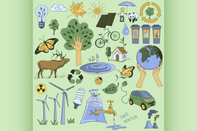 Colored Ecology and recycle doodle icons set