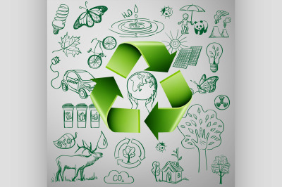 Recycle Symbol and Ecology doodle icons