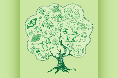 Tree formed by Ecology Icons. hand drawn style