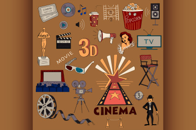 Colored hand drawn cinema icon set