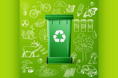 Green Recycle Bin and Ecology doodle icons