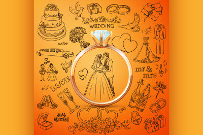 Hand drawn collection of decorative wedding design elements with gold