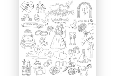 Hand drawn collection of decorative wedding design elements