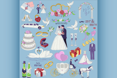 Hand drawn collection of decorative wedding design elements