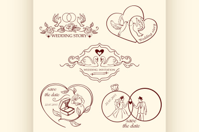 Collection of decorative wedding logo in retro colors.