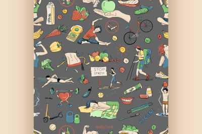 Colored seamless pattern with healthy lifestyle icons