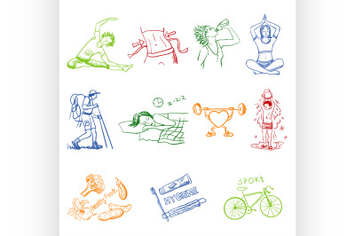 Hand drawn doodle sketch icons set healthy lifestyle