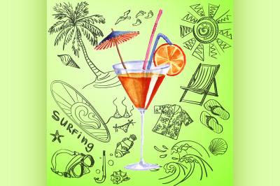 watercolor cocktail and tourist hand draw icon