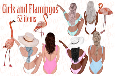 Summer girls clipart,Swimwear girl clipart,Flamingos clipart