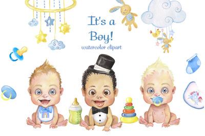It&#039;s a Boy Watercolor clipart little boy, newborn, toys, nipples, boy