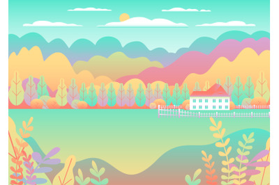Hills and mountains landscape. House farm in flat style design