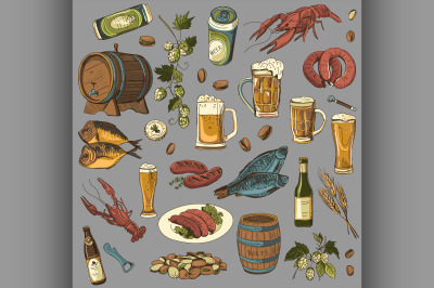 colored beer hand drawing set of vector sketches