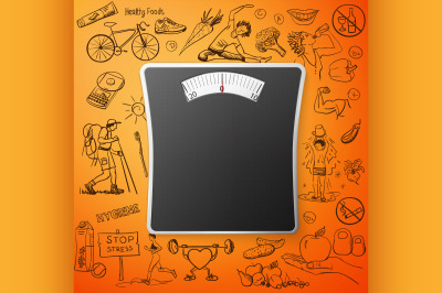 healthy lifestyle background with Bathroom Weight Scale