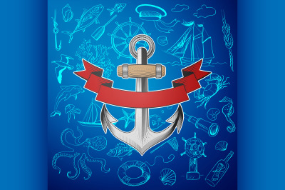 anchor with hand-drawn elements of marine theme