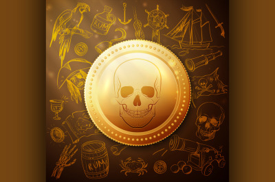 coin skull pirate and Hand drawn icon