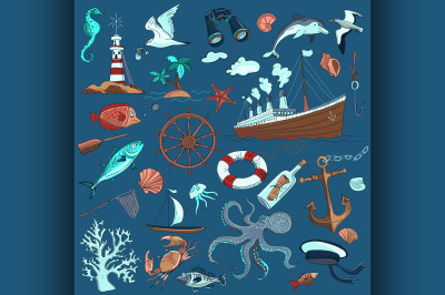 colored hand-drawn elements of marine theme