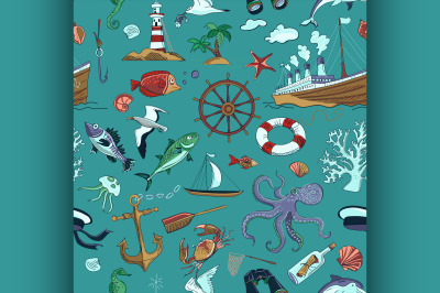 Colored Nautical or marine themed seamless pattern