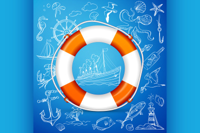 Hand-drawn elements of marine theme with orange life buoy