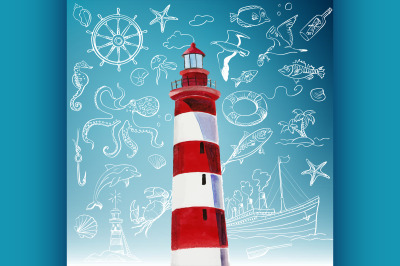 lighthouse and hand-drawn icons of marine theme