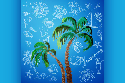 watercolor palms and hand draw surf icon