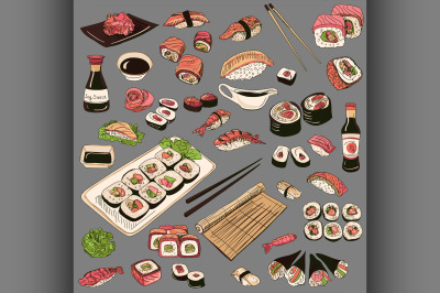 Colored Hand drawn sushi set