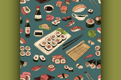 Colored Sushi and rolls seamless pattern