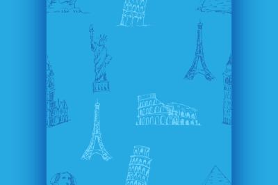 Doodle Travel pattern. World famous landmarks