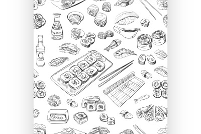 Sushi and rolls seamless pattern