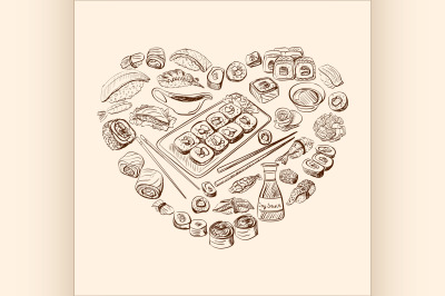 Sushi and rolls. Heart Background