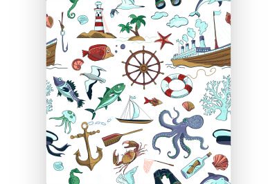 Colored Nautical or marine themed seamless pattern