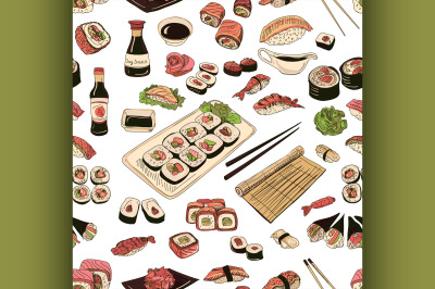 Colored Sushi and rolls seamless pattern