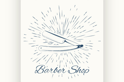 straight razor and vintage sun burst frame. Barbershop emblem